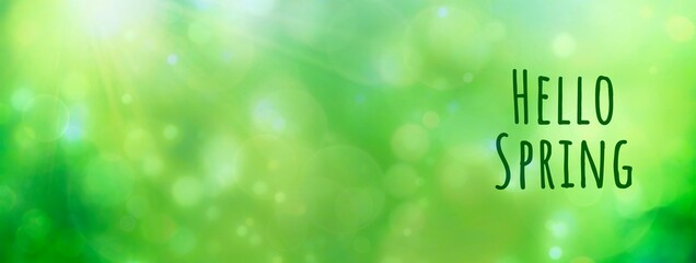 Wall Mural - hello spring - abstract green spring background banner - greeting card with beautiful bokeh lights a