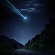 Night scene with a comet, asteroid, meteorite flying to Earth. The concept on the theme of the apocalypse, armageddon, doomsday, Judgment Day. Elements of this image furnished by NASA.