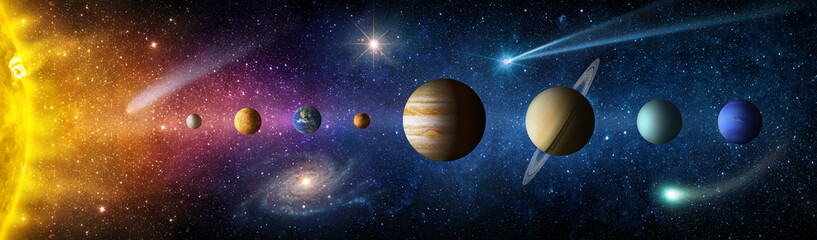 Wall Mural - sun, mercury, venus, planet earth, mars, jupiter, saturn, uranus, neptune. , galaxies, stars, comet,