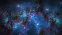 Outer Space Background With Colorful Nebula Clouds And Stars. Galaxy Astronomy Image Showing The Universe Beyond The Milky Way.