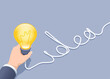 © dimon_ua - isometric vector illustration on gray background, male hand holding a burning light bulb and the word idea from an electric wire