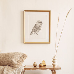 Wall Mural - stylish composition of living room interior with mock up frame, wooden bench, pillow, plaid, woman b