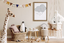Stylish Scandinavian Kid Room With Mock Up Poster, Toys, Teddy Bear, Plush Animal, Natural Pouf And Children Accessories. Modern Interior With Beige Background Walls. Template. Design Home Staging.