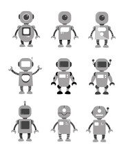 Silver Electronic Robot Characters Set. Flat Design.