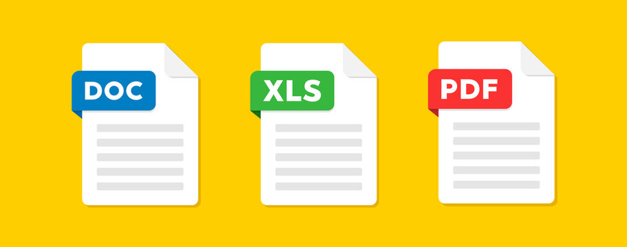 Document file icons. Doc, Pdf, Xls flat icon. Vector illustration.