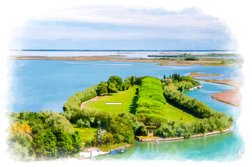 Wall Mural - Watercolor drawing of Aerial view of Torcello islands swamp, water canal and green trees alley and bushes. Panoramic view of Venetian Lagoon