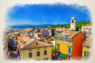 Wall Mural - Watercolor drawing of aerial panoramic view of Sirmione town historical centre, multicolored colorful buildings with red tiled roofs