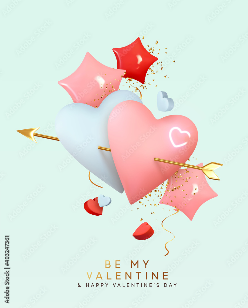 Valentines day holiday gift card. Couple pink and blue heart shaped balloons pierced by cupids golden arrow. Realistic helium ballon shape stars, red rose color. Festive 3d object. Romantic background - obrazy, fototapety, plakaty 