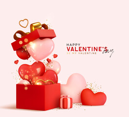 Wall Mural - Valentine's day design. Realistic red gifts boxes. Open gift box full of decorative festive object. Holiday banner, web poster, flyer, stylish brochure, greeting card, cover. Romantic background