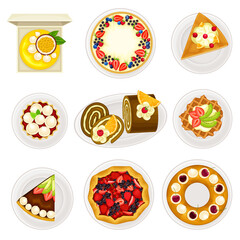 Sticker - Sugary Desserts with Cheesecake and Rolled Cake Served on Plate Vector Set