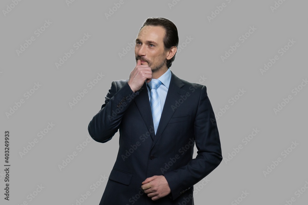 Daydreaming mature businessman on gray background. Handsome businessman with pensive expression holding hand on chin.