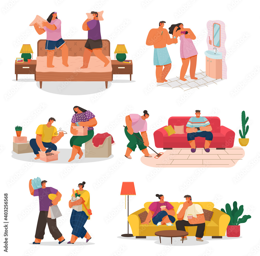 Life of a young couple, set of scenes from everyday household chores, shopping at the store, cleaning the house and rest. People activity, daily routine vector illustration on a white background - obrazy, fototapety, plakaty 