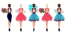 Set Of Fashionable Girls With Gifts And Flowers In Their Hands, Ladies In Evening Dresses, Beautiful Festively Dressed Girls, Vector Illustration In Flat Style.