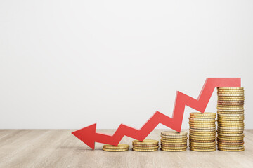Poster - Falling chart of gold coins with red arrow.