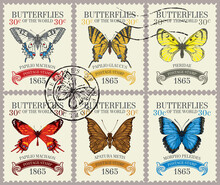 Set Of Old Postage Stamps With Various Bright Beautiful Butterflies And Their Names On A Light Background. Vector Postage Stamps With Postmark In Retro Style