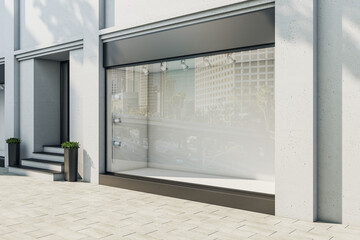 Poster - Stylish boutique with blank glass showcase and backlight lamps.