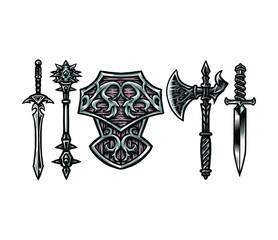 Wall Mural - Set of warrior weapon, hand drawn line style with digital color, vector illustration