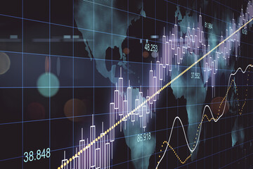 Poster - Virtual screen with stock graphs and digital world map.