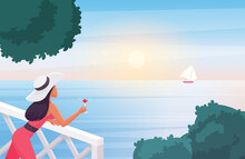 Woman enjoying sunset vector illustration. Cartoon young female character holding wine glass, standing on terrace to enjoy nature landscape, sailing boat in sea waves, sun in evening sky background