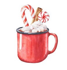 Watercolor Christmas hot cocoa with candy canes in red cup. Holidays season food illustration.