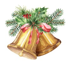Watercolor Christmas Bells With Red Ribbon And Fir Branches On White Background. Holidays Season Illustration.