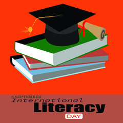 Wall Mural - Vector illustration of international Literacy day with a pile of book and cap design .