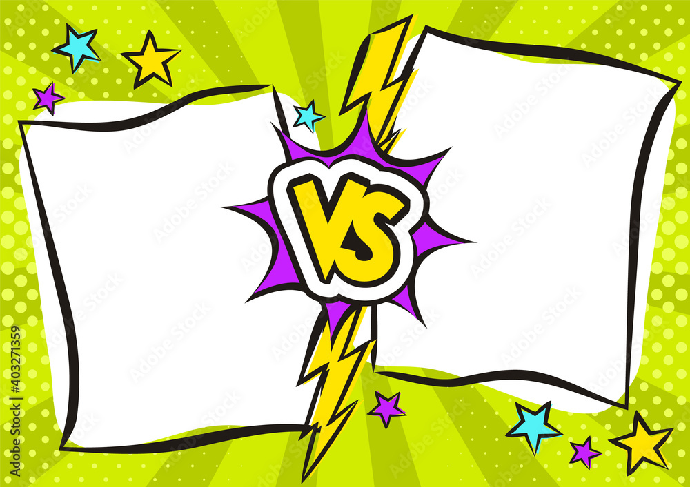 Vs comics book collision frames with cartoon text speech bubbles and stars. Lightning on halftone stripes background. Comic magazine funny poster. Vector illustration in pop art style