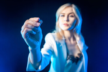 Poster - The girl puts her hand with a stylus to the touch screen. Control is performed by pressing. Control panel. The management of technology. Touch screen.