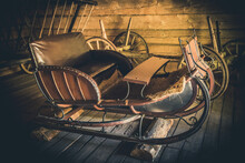 Santa Claus Winter Snow Sleigh. Old Wooden Sled