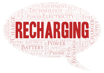 Recharging typography word cloud create with the text only.