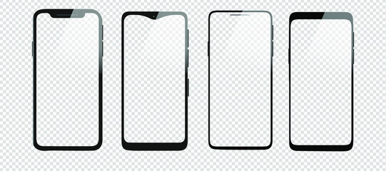 Leinwandbilder - Realistic smartphone models with transparent screens and background. Vector phone icon mockup collection. 3D mobile phones isolated without screen. New digital phone technology. iPhone mockup.