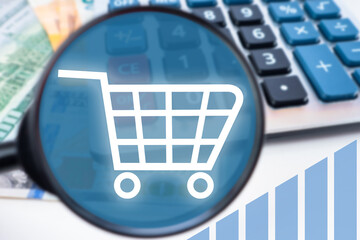 Poster - Online store opening. Online trading profitability. Study of materials on e-business. A man looks at a shopping cart icon through a magnifying glass.