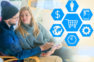 Poster - Convenient online store. Positive emotions from shopping on the Internet. A young couple is shopping online.The concept of online shopping. People with a tablet on the background of online store icons