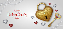 Valentine's Day Banner With Heart Shaped Padlock Key And Diamonds