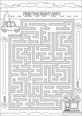 Poster - Coloring page for book. Children maze find right path. Kids labyrinth game and activity page. Find the right path. Worksheet with funny riddle. Vector illustration.