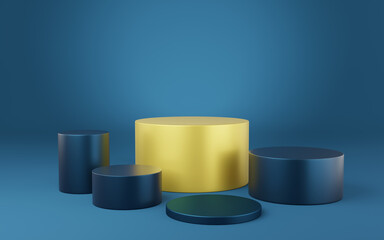 Wall Mural - 5 empty yellow and blue cylinder podium on blue background. Abstract minimal studio 3d geometric shape object. Mockup space for display of product design. 3d rendering.