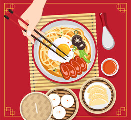 Wall Mural - Traditional chinese soup with noodles, Noodle Soup in Chinese Bowl Asian Food Vector illustration