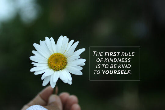 Wall Mural -  - Inspirational quote - The first rule of kindness is to be kind to yourself. Self love care and healing concept  with a daisy in the hands of the young woman.
