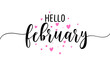 Hello February - Inspirational Valentine's Day beautiful handwritten quote, gift tag, lettering message. Hand drawn winter, February phrase. Handwritten modern brush calligraphy. Love month.