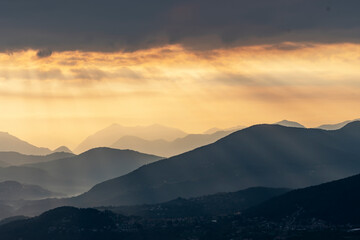 View of the mountains above Luino from the viewpoint of Premeno, a town at 800 meters above sea level, Italy