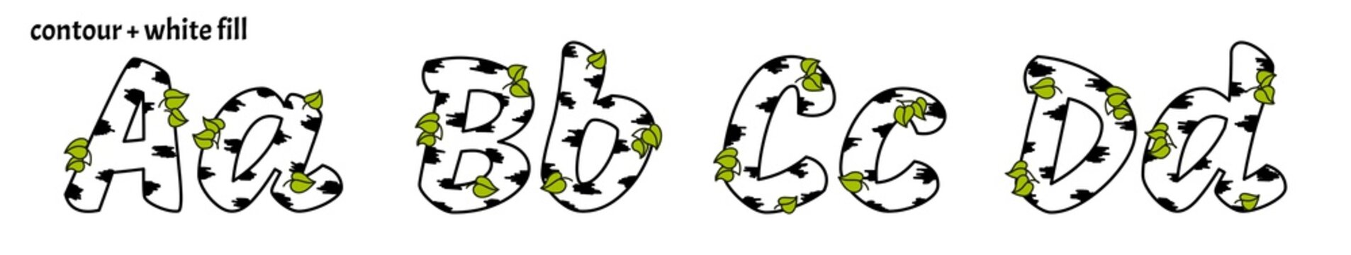 Set of decorative cartoon nature Birch tree letters A, B, C, D, with leaves. Isolated colored typescript vector illustration in flat design	