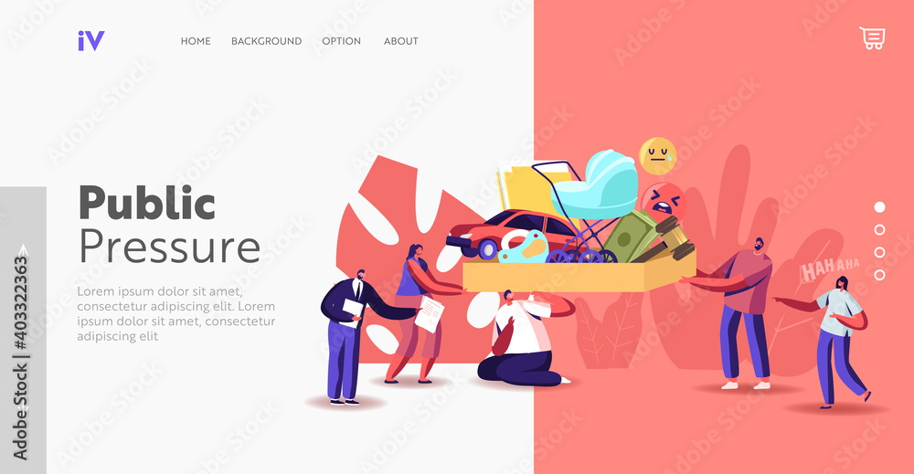 Public Pressure Landing Page Template. Tiny Characters Put Huge Box Full of Society Attributes on Man Shoulders - obrazy, fototapety, plakaty 