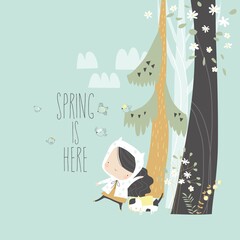 Wall Mural - Cute girl walking with her cat in the spring forest