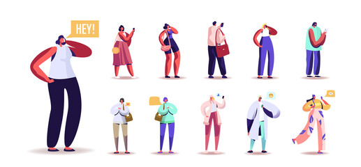 Poster - set of people using smartphones. male and female characters communicate with mobile phones, calling 