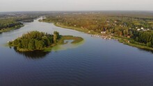 Fly Over Narew River And Small Island During Sunset