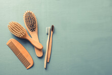 Body Care With Eco-friendly Accessories. Bamboo Toothbrushes And Combs.