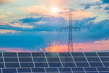 Solar panels with electricity pylons at sunset , 