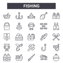 Fishing Outline Icon Set. Includes Thin Line Icons Such As Boat, Bucket, Trout, Fishing Hook, Fishing Baits, Tent, Buoy, Fisherman. Can Be Used For Report, Presentation, Diagram, Web And Mobile