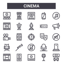 Cinema Outline Icon Set. Includes Thin Line Icons Such As Movie, Trailer, Theater, Cinema Seat, Spotlight, Cinema, Drive In, Award. Can Be Used For Report, Presentation, Diagram, Web And Mobile