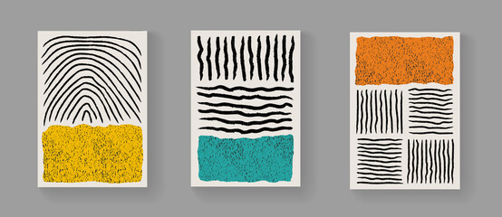 Poster - Set of abstract minimalistic hand painted art posters. Mid-century vintage composition. Scandinavian Illustration for Postcards, Covers and Brochures.
